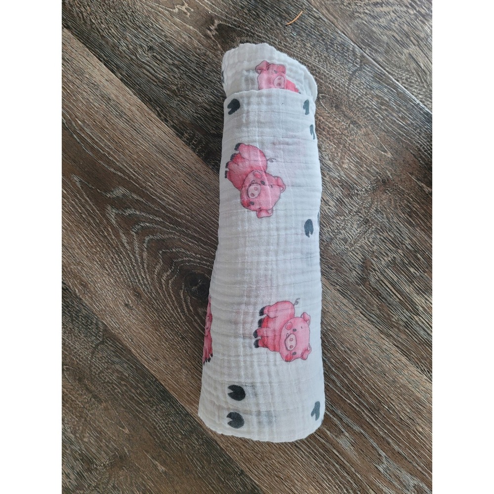 LollyBanks Cotton Muslin Swaddle Blanket Pink Pig Farm Animal Print White #7